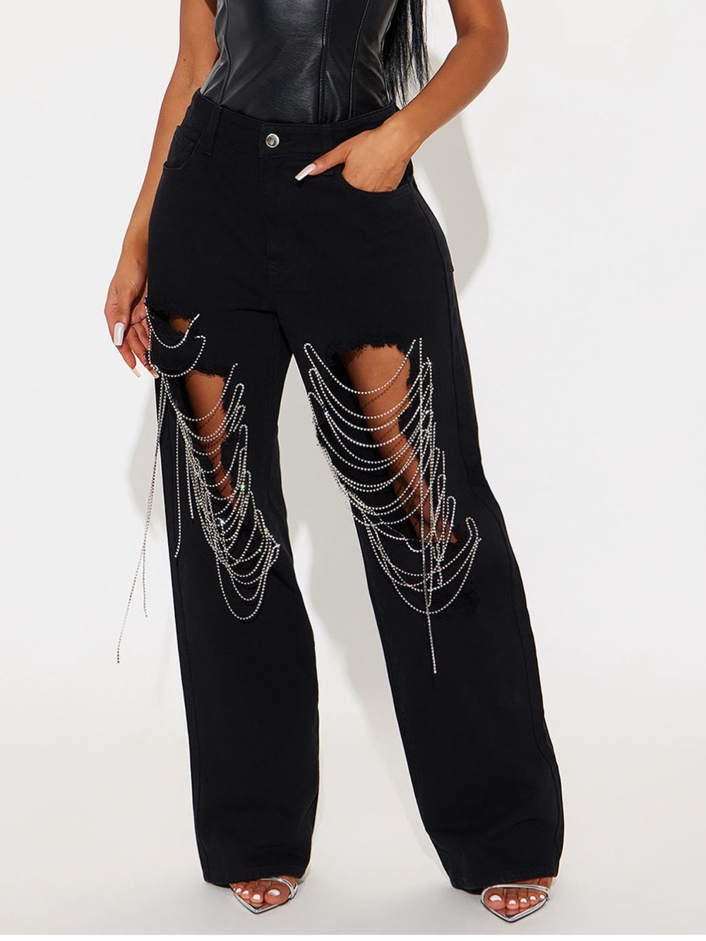 Fashion Nova Black Distressed Wide-Leg Jeans with Draped Silver Chains